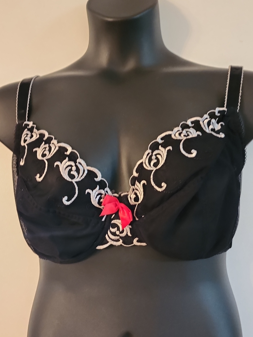 Cacique Black Unlined Embroidered Underwire Balconette Bra with Red Accent Bow